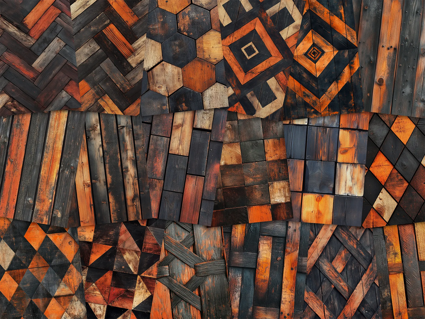 Collage of paper sheets showing the content of the wooden textures prints pad. The images on the paper sheets are wooden textures in orange and black colours