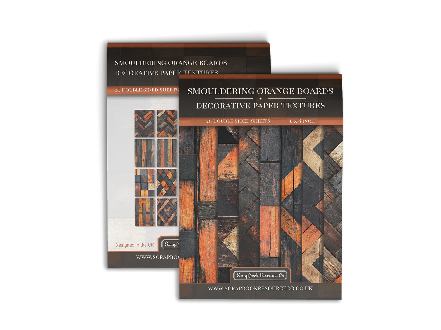 Front and Back cover of a decorative paper prints pad that contains orange and black coloured wooden textures