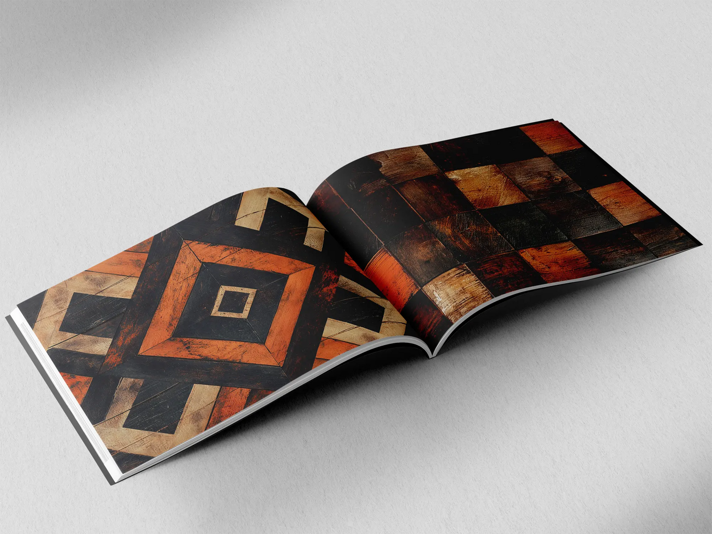 open book showing the inside pages of the decorative wooden textures prints pad. The picture inside the book is an orange and black wooden boards texture