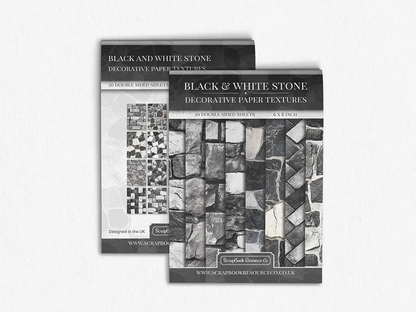 Front and Back cover of a decorative paper prints pad that contains white and black coloured stone textures