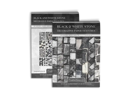 Front and Back cover of a decorative paper prints pad that contains white and black coloured stone textures