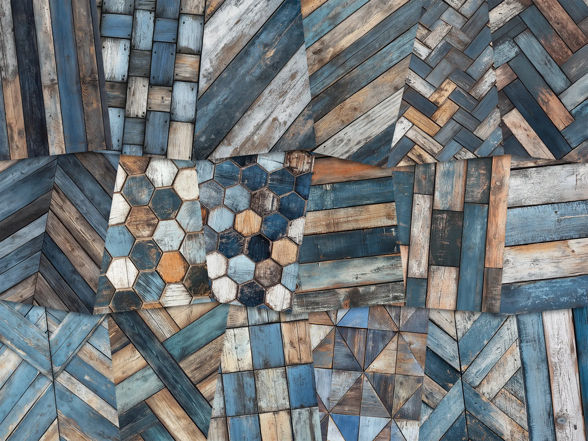 Collage of paper sheets showing the content of the wooden textures prints pad. The images on the paper sheets are wooden textures in dark blue and brown colours