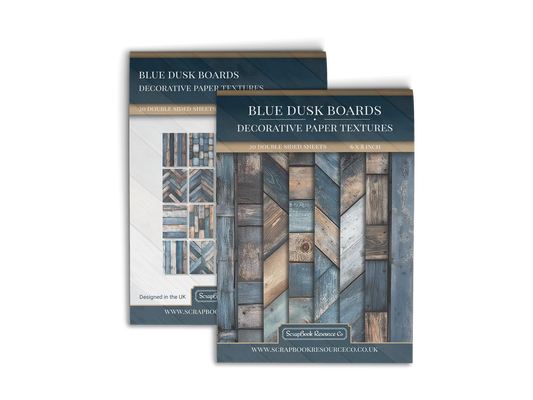 Front and Back cover of a decorative paper prints pad that contains dark brown and dark blue coloured wooden textures