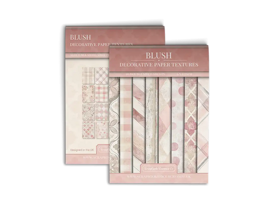 Front and back cover of a decorative paper prints pad with various patterns and textures in a pink colour, intended for use in junk journaling, scrapbooking, and cardmaking.