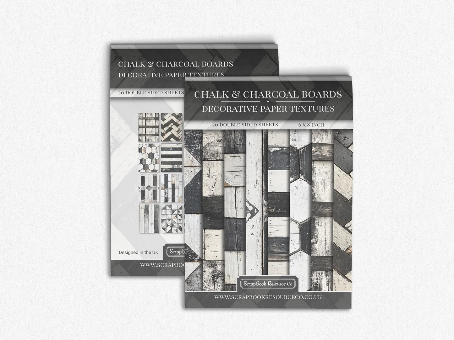 Front and Back cover of a decorative paper prints pad that contains black and white coloured wooden textures