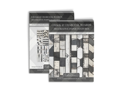 Front and Back cover of a decorative paper prints pad that contains white and black coloured wooden textures