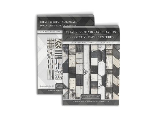 Front and Back cover of a decorative paper prints pad that contains white and black coloured wooden textures