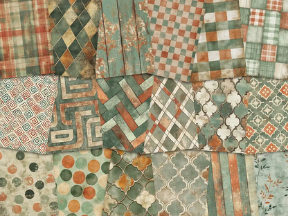 Collage of paper sheets showing the content of the patterns and textures prints pad. The images on the paper sheets are various patterns and textures in teal and orange colours
