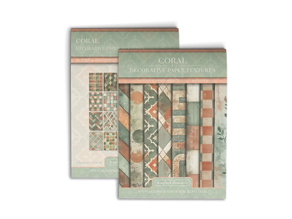 Front and back cover of a decorative paper prints pad with various patterns and textures in a orange and turquoise colour, intended for use in junk journaling, scrapbooking, and cardmaking.