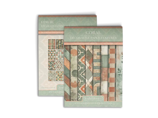 Front and back cover of a decorative paper prints pad with various patterns and textures in a orange and turquoise colour, intended for use in junk journaling, scrapbooking, and cardmaking.