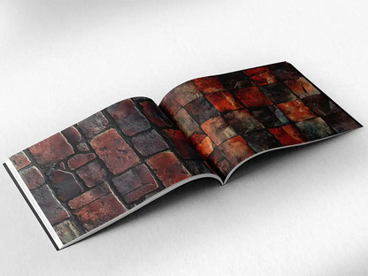 open book showing the inside pages of the decorative stone textures prints pad. The picture inside the book is a red stone texture