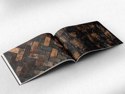 open book showing the inside pages of the decorative stone textures prints pad. The picture inside the book is a brown stone texture