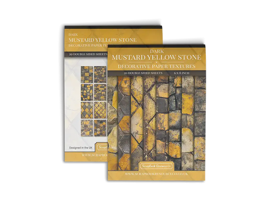 Front and Back cover of a decorative paper prints pad that contains yellow coloured stone textures