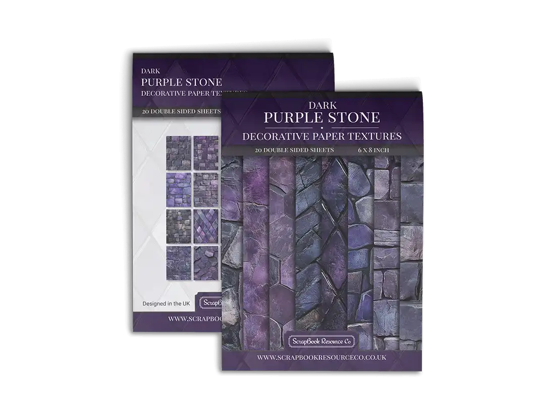 Front and Back cover of a decorative paper prints pad that contains purple coloured stone textures