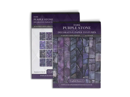 Front and Back cover of a decorative paper prints pad that contains purple coloured stone textures