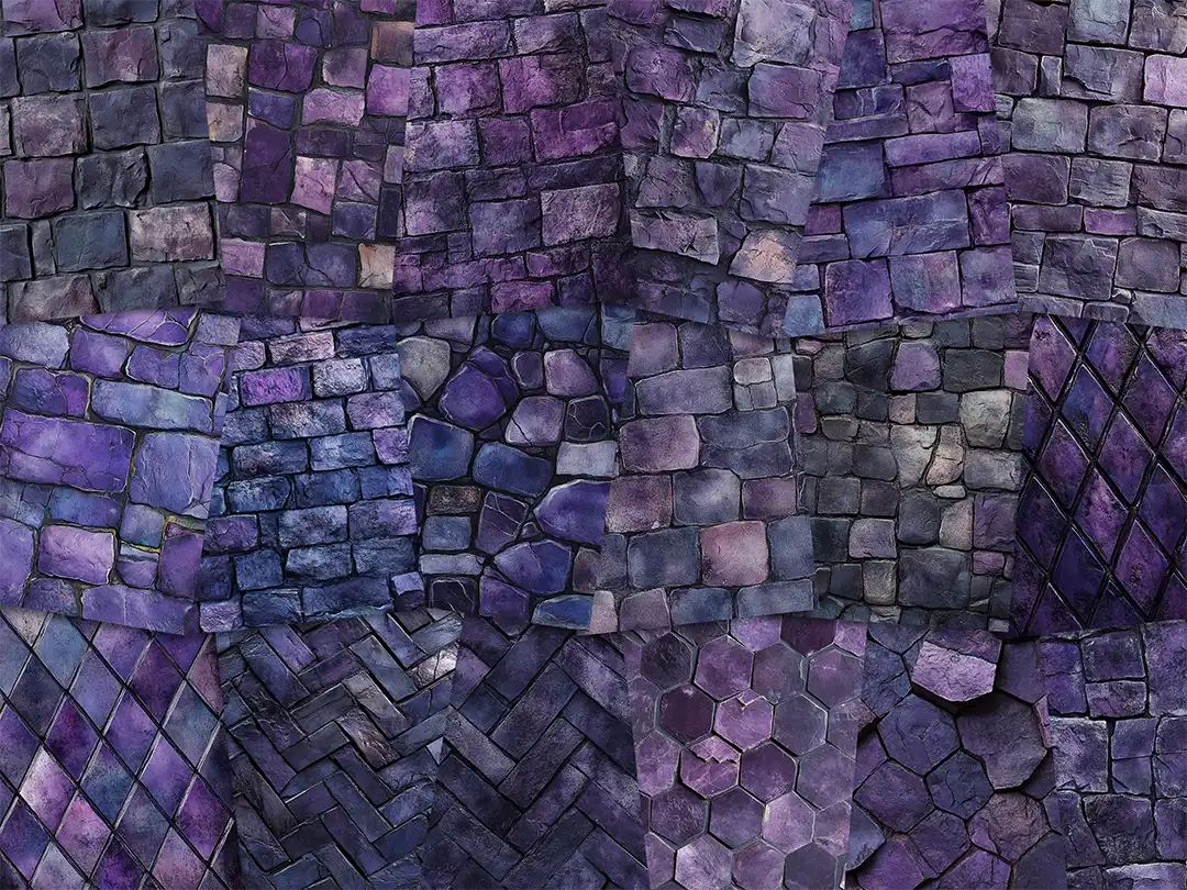 Collage of paper sheets showing the content of the stone textures prints pad. The images on the paper sheets are stone textures in purple colours