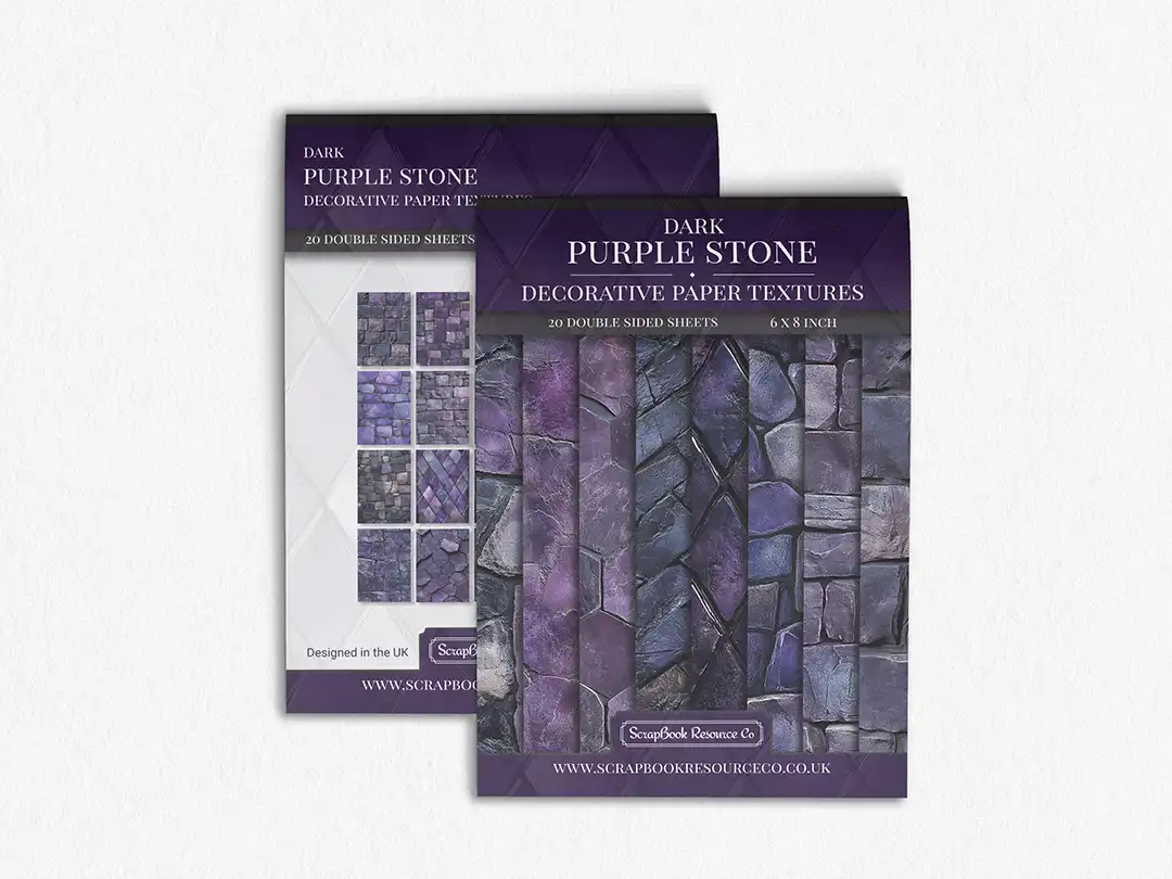 Front and Back cover of a decorative paper prints pad that contains purple coloured stone textures