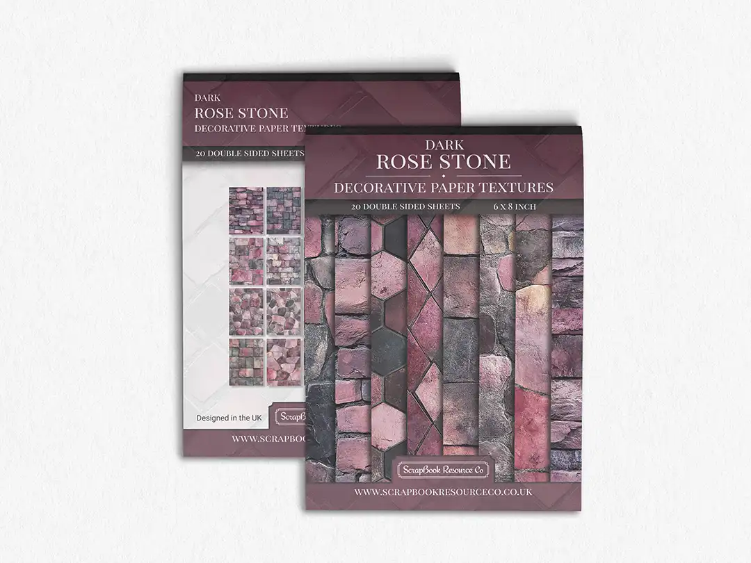 Front and Back cover of a decorative paper prints pad that contains pink coloured stone textures