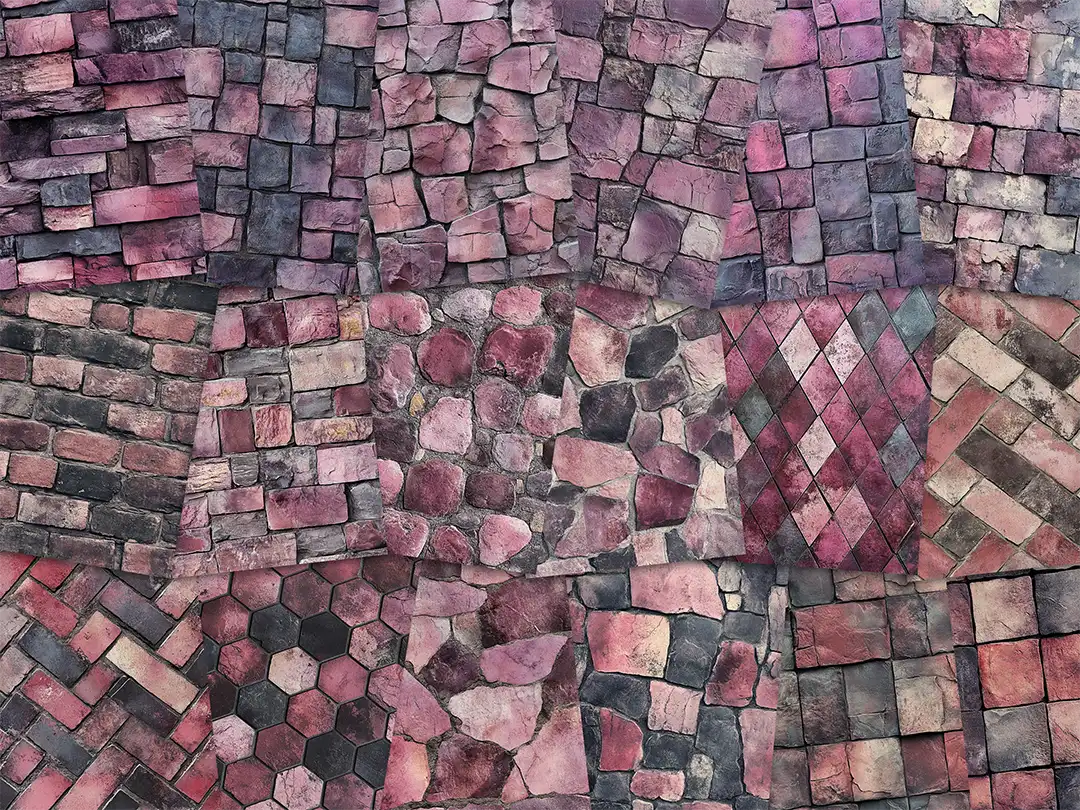 Collage of paper sheets showing the content of the stone textures prints pad. The images on the paper sheets are stone textures in pink colours