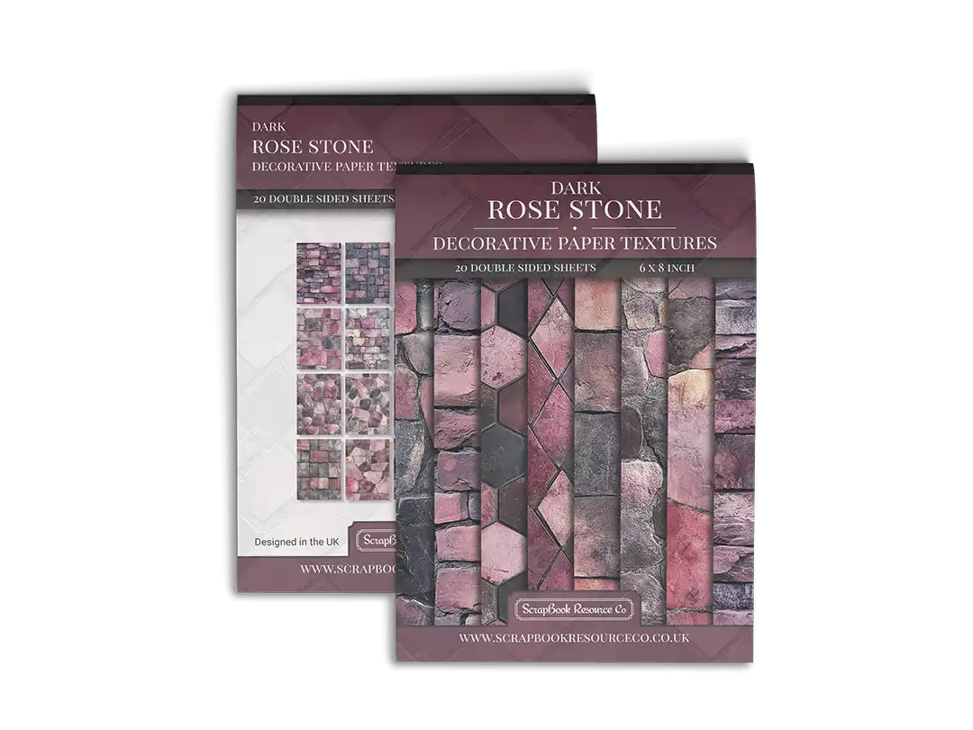Front and Back cover of a decorative paper prints pad that contains pink coloured stone textures