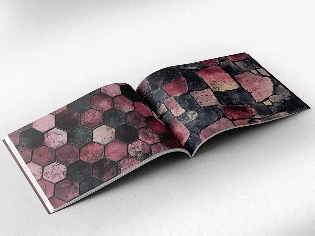 open book showing the inside pages of the decorative stone textures prints pad. The picture inside the book is a pink stone texture
