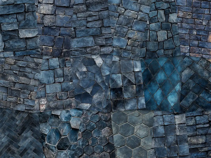 Collage of paper sheets showing the content of the stone textures prints pad. The images on the paper sheets are stone textures in blue colours