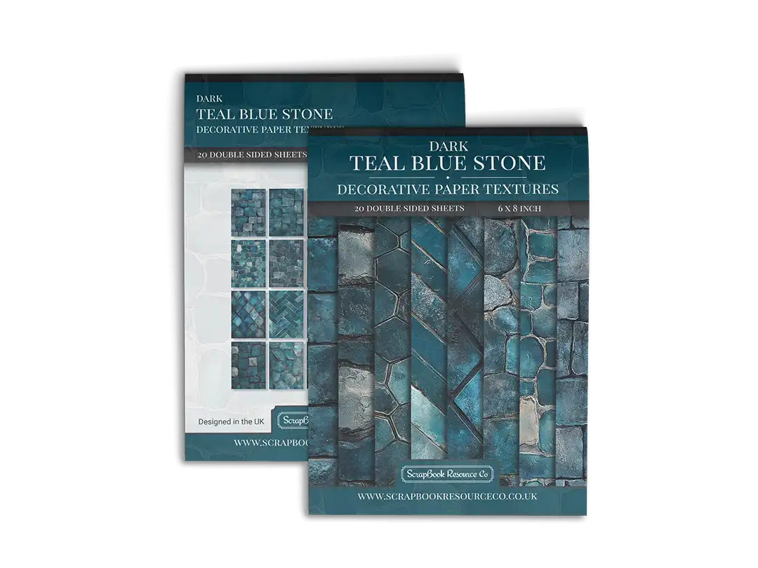 Front and Back cover of a decorative paper prints pad that contains teal coloured stone textures