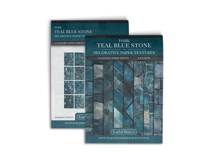 Front and Back cover of a decorative paper prints pad that contains teal coloured stone textures