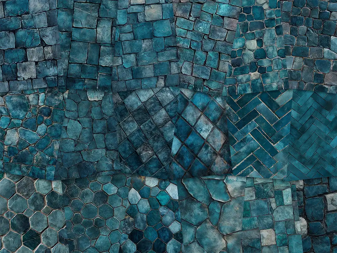 Collage of paper sheets showing the content of the stone textures prints pad. The images on the paper sheets are stone textures in teal colours