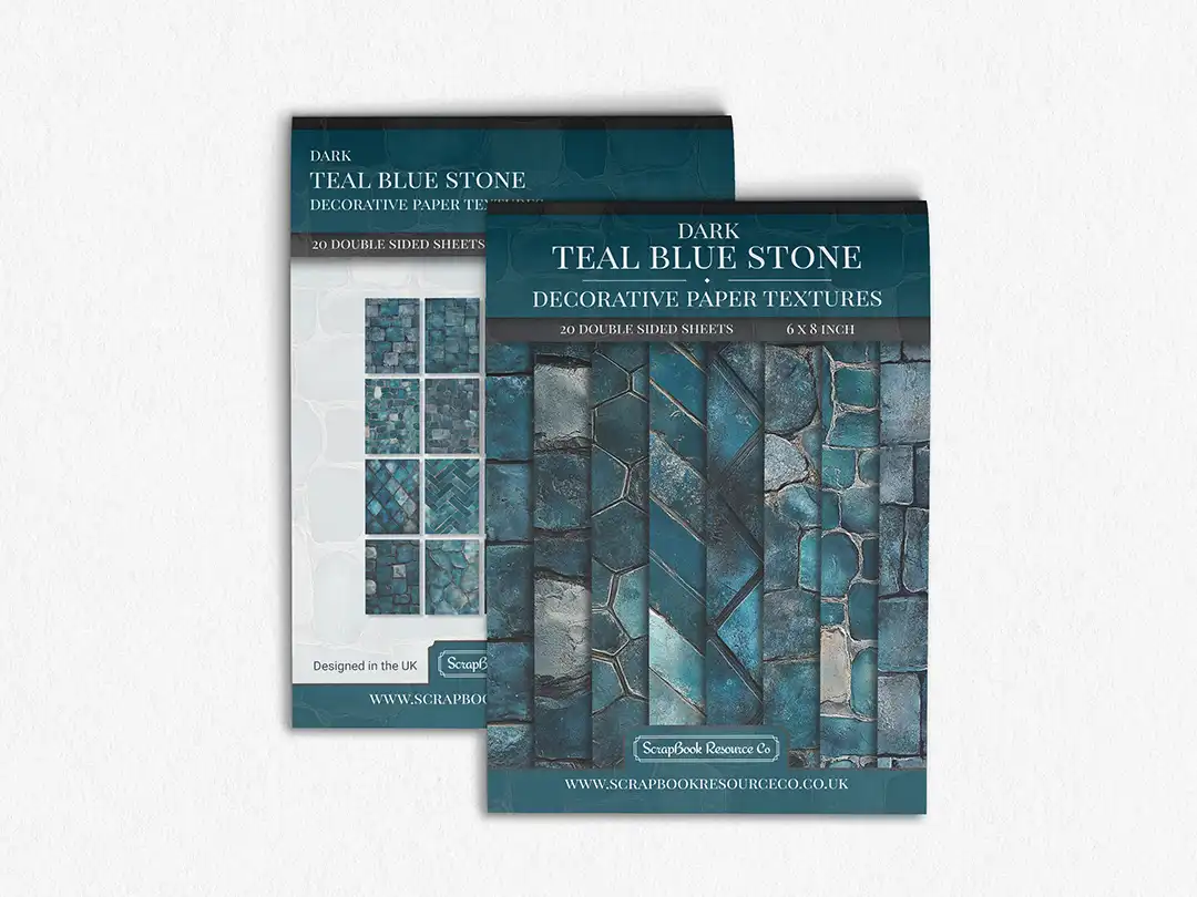 Front and Back cover of a decorative paper prints pad that contains teal coloured stone textures