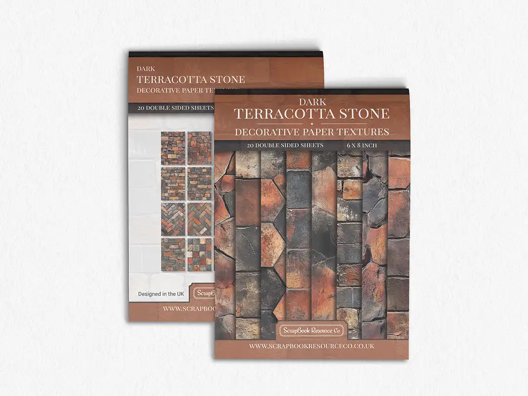 Front and Back cover of a decorative paper prints pad that contains orange coloured stone textures