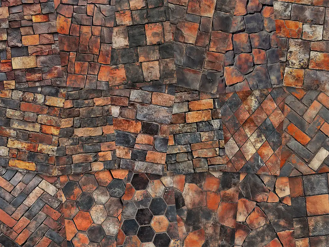 Collage of paper sheets showing the content of the stone textures prints pad. The images on the paper sheets are stone textures in orange colours