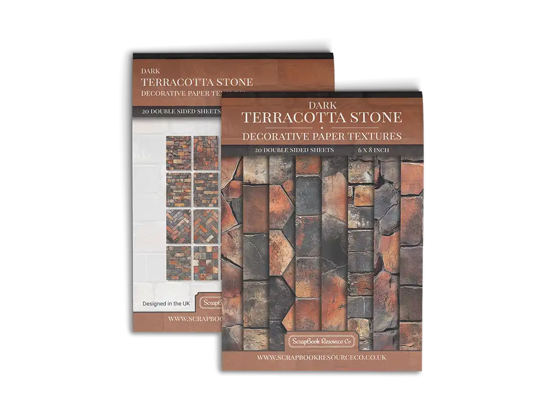 Front and Back cover of a decorative paper prints pad that contains orange coloured stone textures