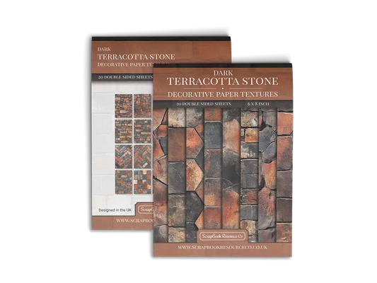 Front and Back cover of a decorative paper prints pad that contains orange coloured stone textures