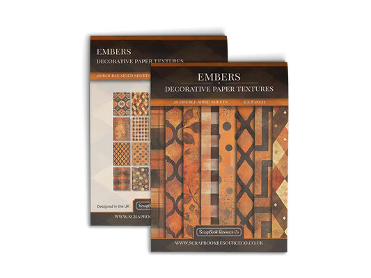 Front and back cover of a decorative paper prints pad with various patterns and textures in a orange colour, intended for use in junk journaling, scrapbooking, and cardmaking.