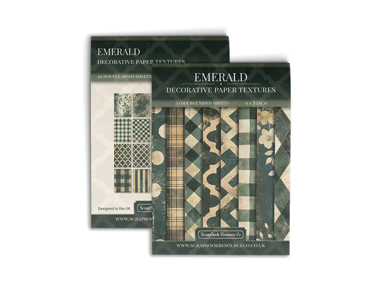 Front and back cover of a decorative paper prints pad with various patterns and textures in a dark green colour, intended for use in junk journaling, scrapbooking, and cardmaking.