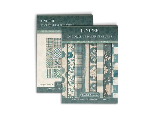 Front and back cover of a decorative paper prints pad with various patterns and textures in a teal colour, intended for use in junk journaling, scrapbooking, and cardmaking.