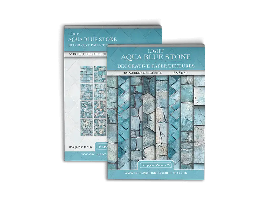 Front and Back cover of a decorative paper prints pad that contains blue coloured stone textures