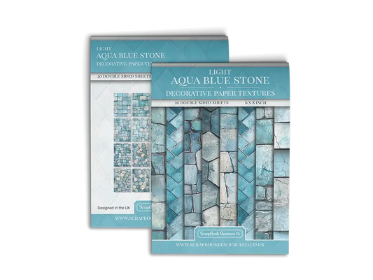 Front and Back cover of a decorative paper prints pad that contains blue coloured stone textures