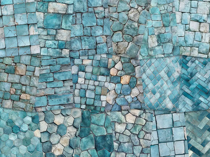 Collage of paper sheets showing the content of the stone textures prints pad. The images on the paper sheets are stone textures in blue colours