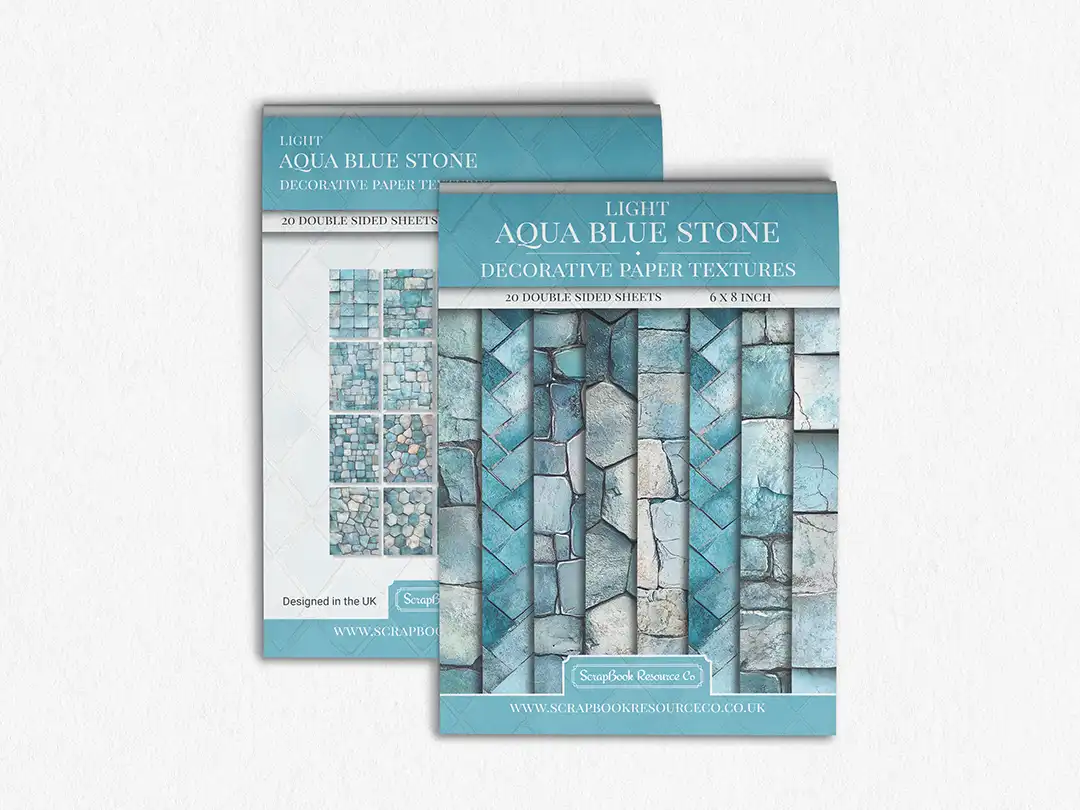 Front and Back cover of a decorative paper prints pad that contains blue coloured stone textures