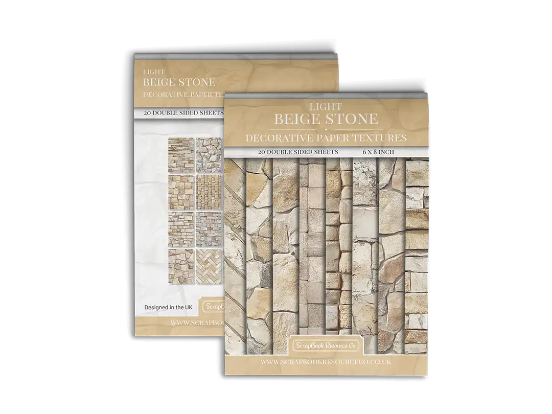 Front and Back cover of a decorative paper prints pad that contains beige coloured stone textures