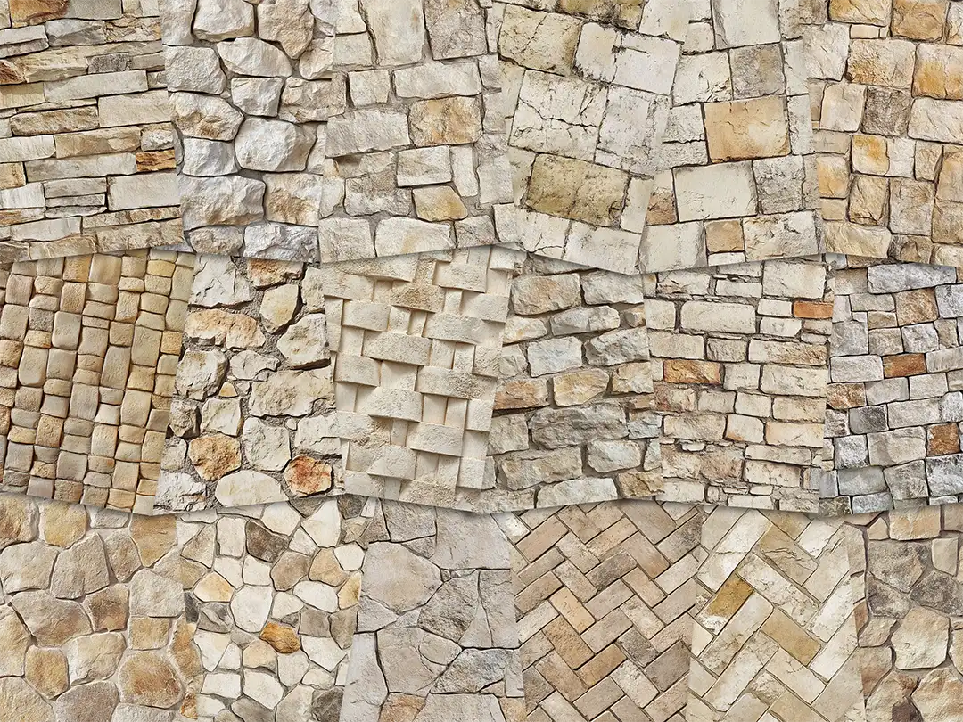 Collage of paper sheets showing the content of the stone textures prints pad. The images on the paper sheets are stone textures in beige colours