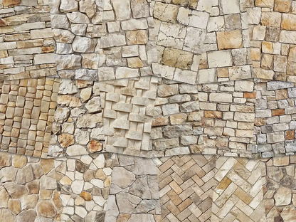 Collage of paper sheets showing the content of the stone textures prints pad. The images on the paper sheets are stone textures in beige colours