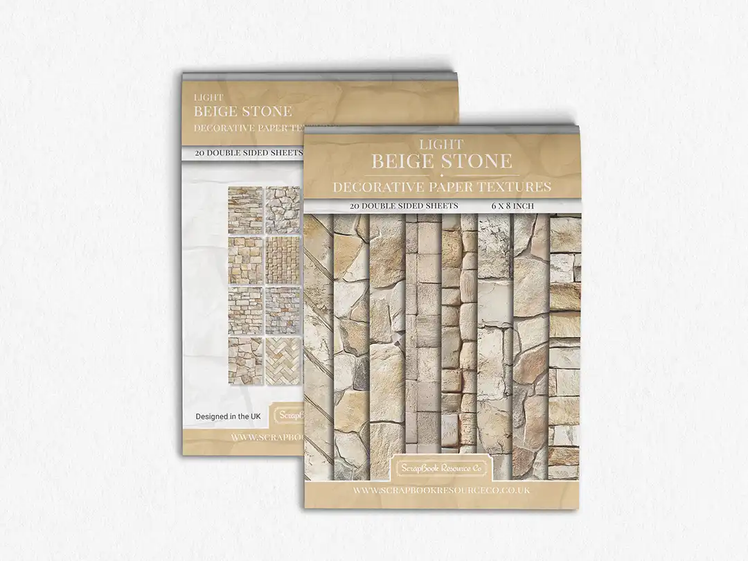Front and Back cover of a decorative paper prints pad that contains beige coloured stone textures