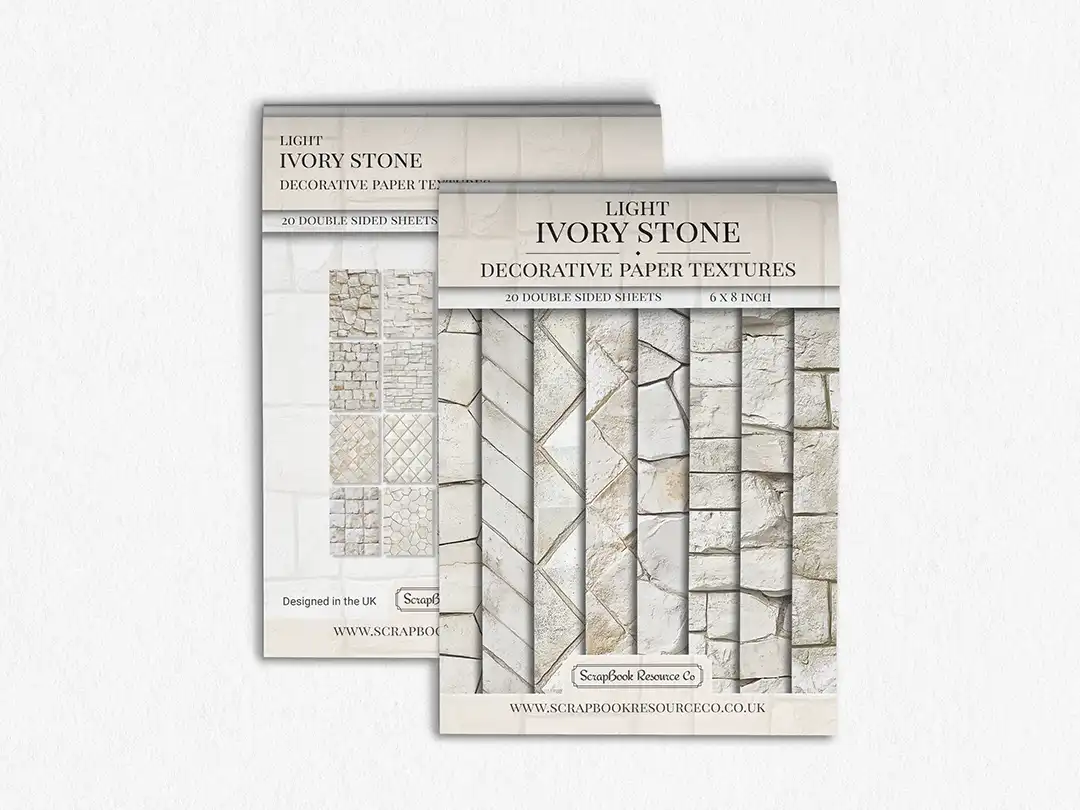 Front and Back cover of a decorative paper prints pad that contains beige coloured stone textures