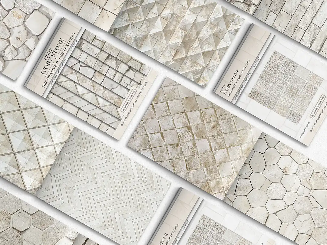 Collage of print pads organised into neat rows opened on various pages to display the inside pages which contain beige coloured stone textures