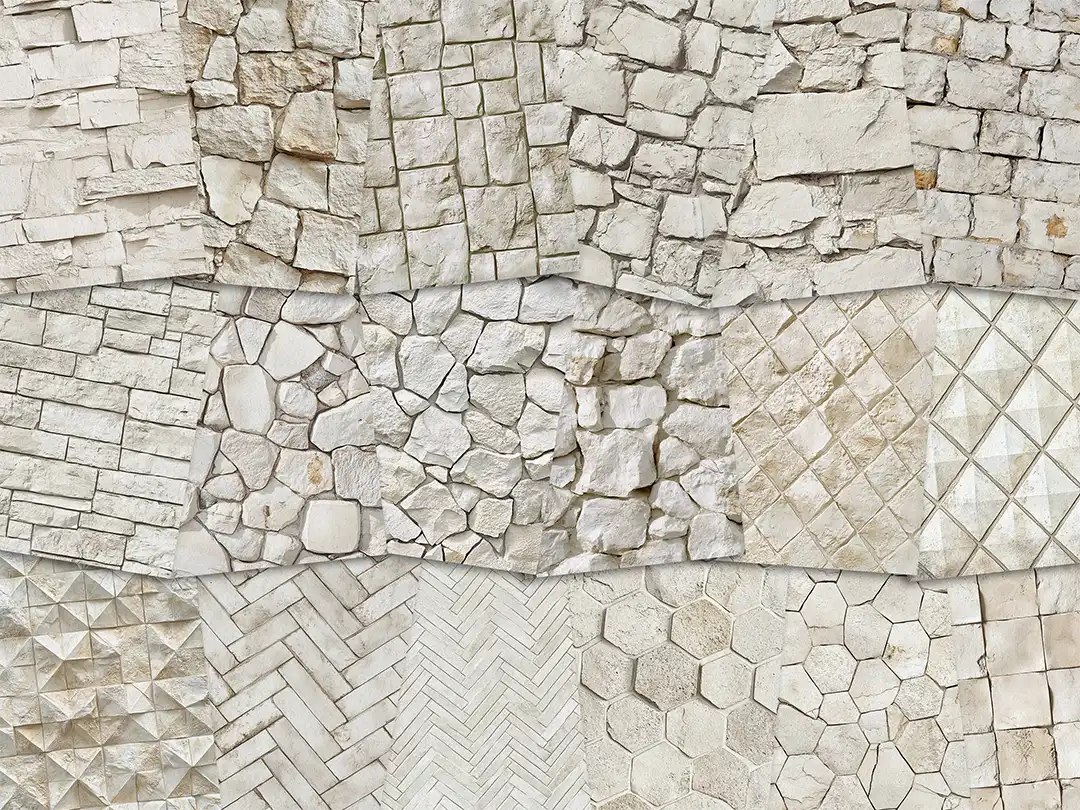 Collage of paper sheets showing the content of the stone textures prints pad. The images on the paper sheets are stone textures in beige colours