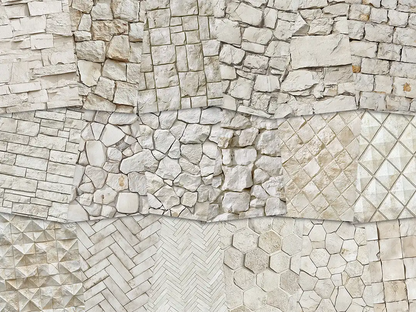 Collage of paper sheets showing the content of the stone textures prints pad. The images on the paper sheets are stone textures in beige colours