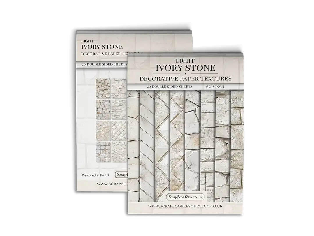 Front and Back cover of a decorative paper prints pad that contains beige coloured stone textures